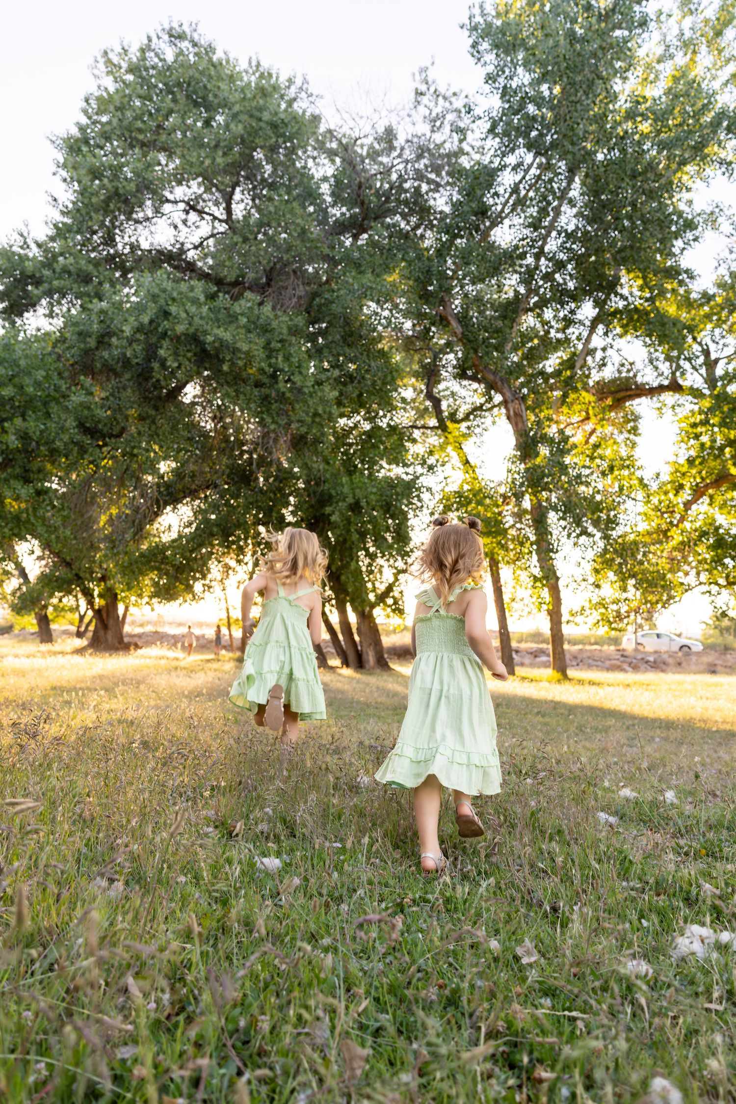 Two little girls holding hands and running in a field together.