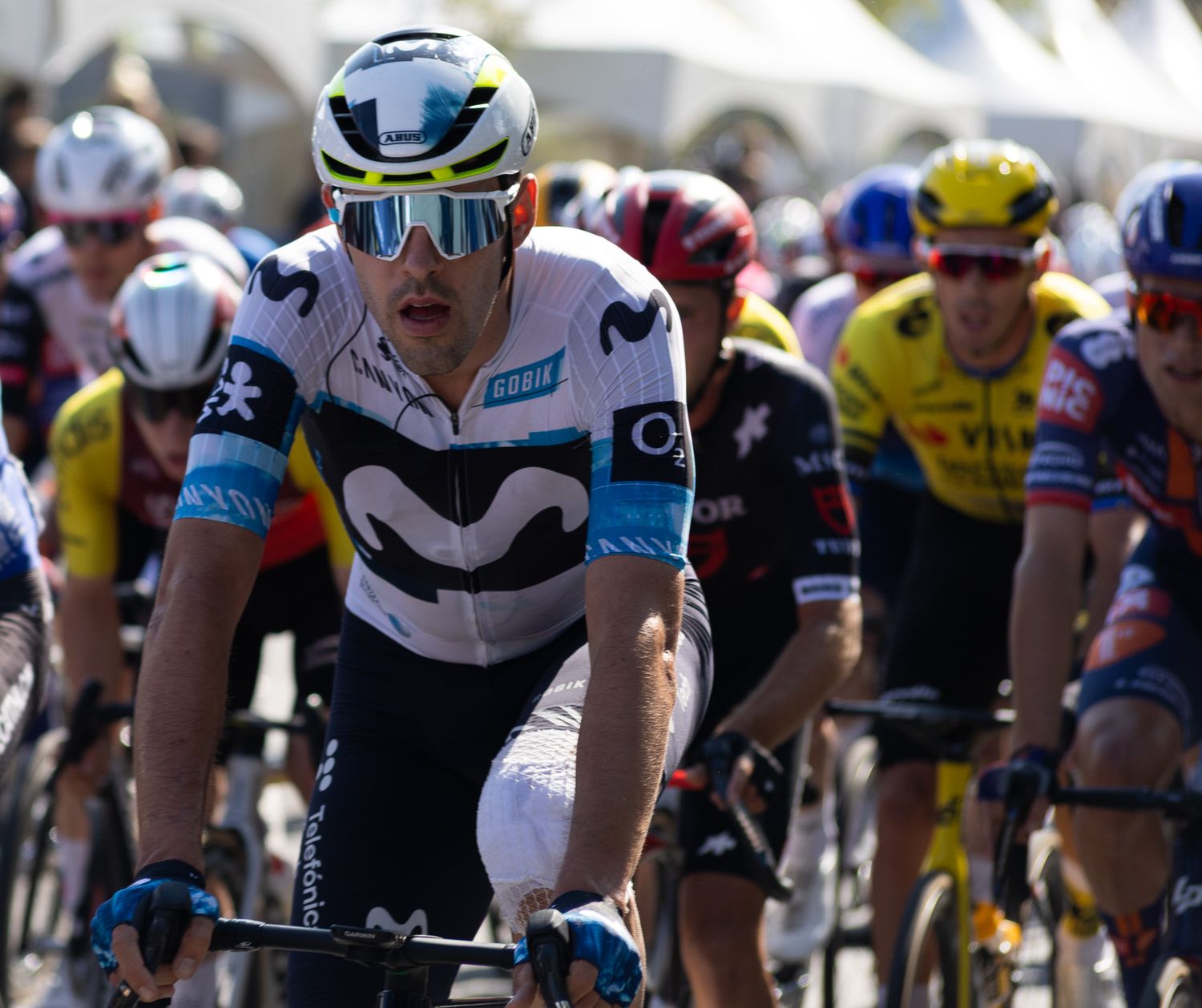 Professional cyclists compete in a road race wearing team jerseys and aerodynamic gear.