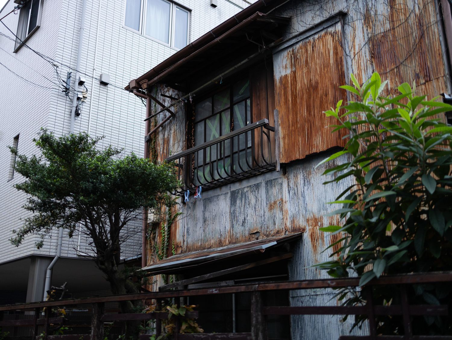 Weathered wooden buildings with rustic facades and overgrown plants in Japan.