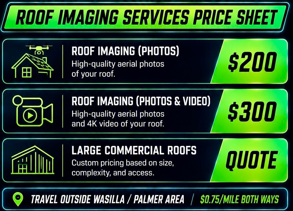Roof imaging services pricing: aerial roof photos $200; aerial roof photos and 4K video $300. Large commercial roofs require a custom quote