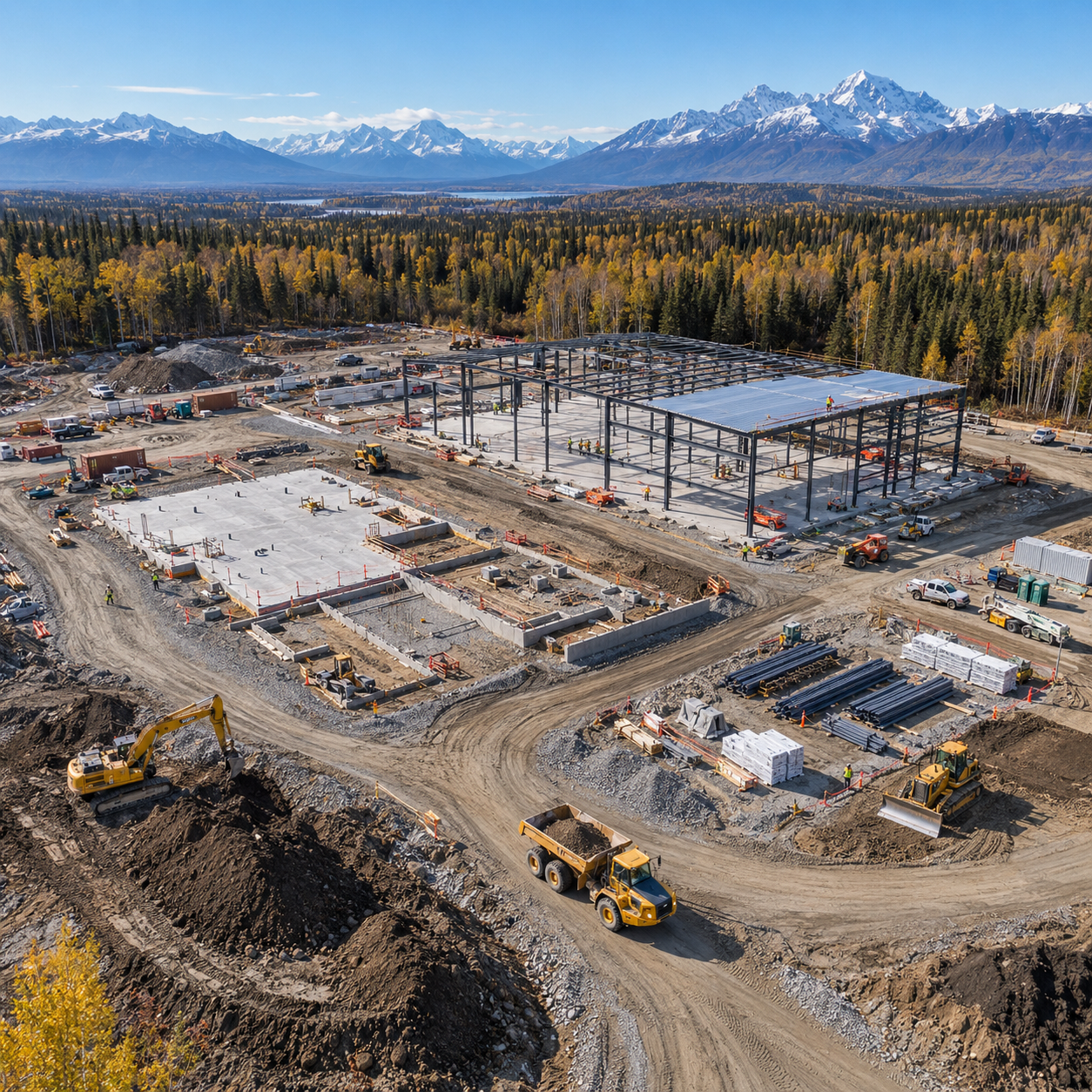 Aerial view of a construction site with steel framing, concrete foundations, and heavy equipment, surrounded by autumn forest with snow-cove
