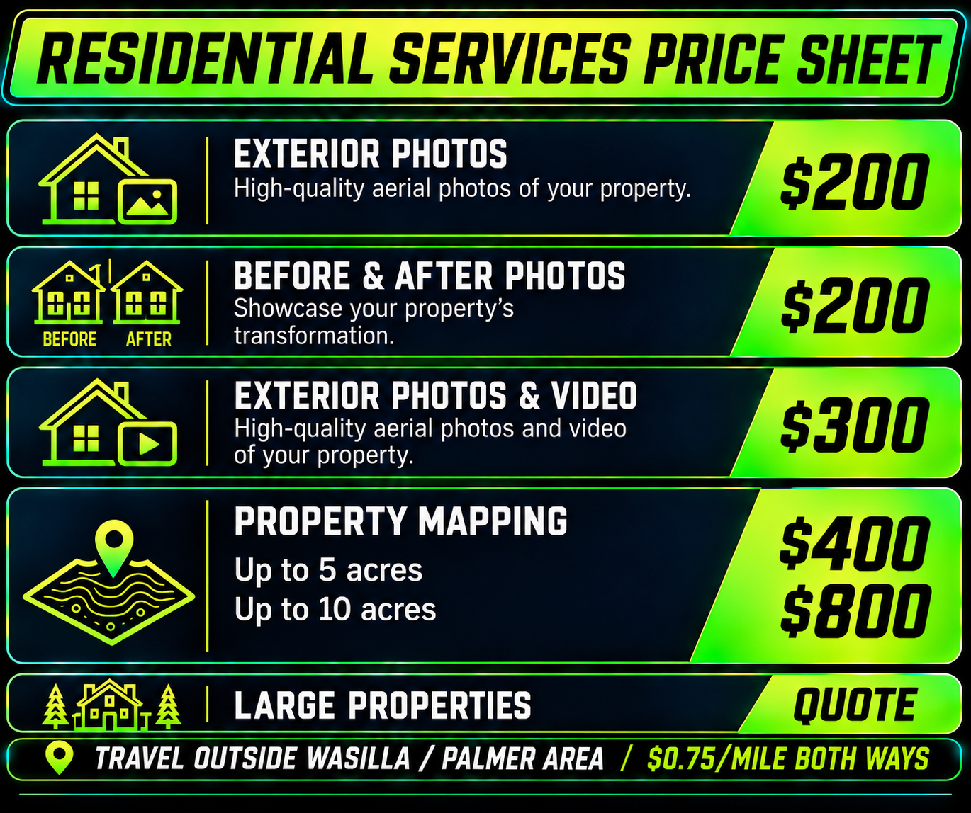Residential drone services pricing: exterior photos $200; before-and-after photos $200; exterior photos and video $300; property mapping up