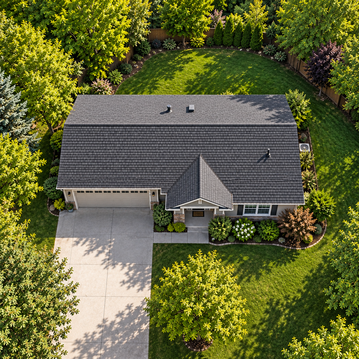 Aerial view of a home’s dark shingle roof, attached garage, and driveway, surrounded by a green lawn, landscaping, and mature trees.