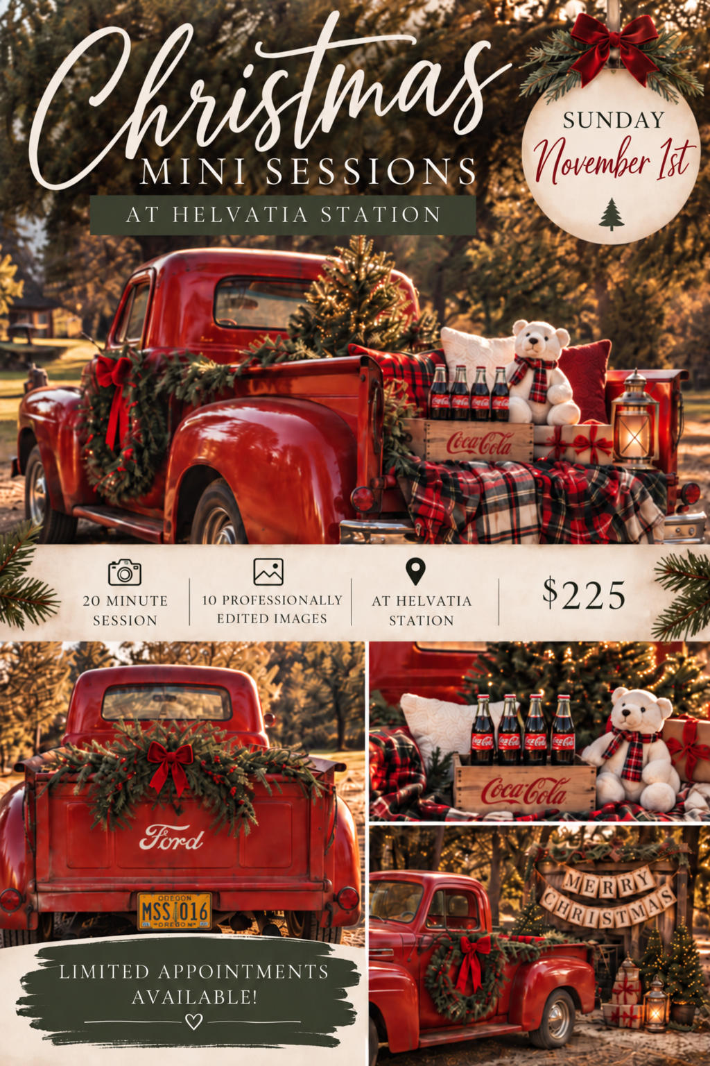 Christmas mini sessions flyer featuring a red Ford truck decorated with holiday greenery, priced at $225 on November 1st.