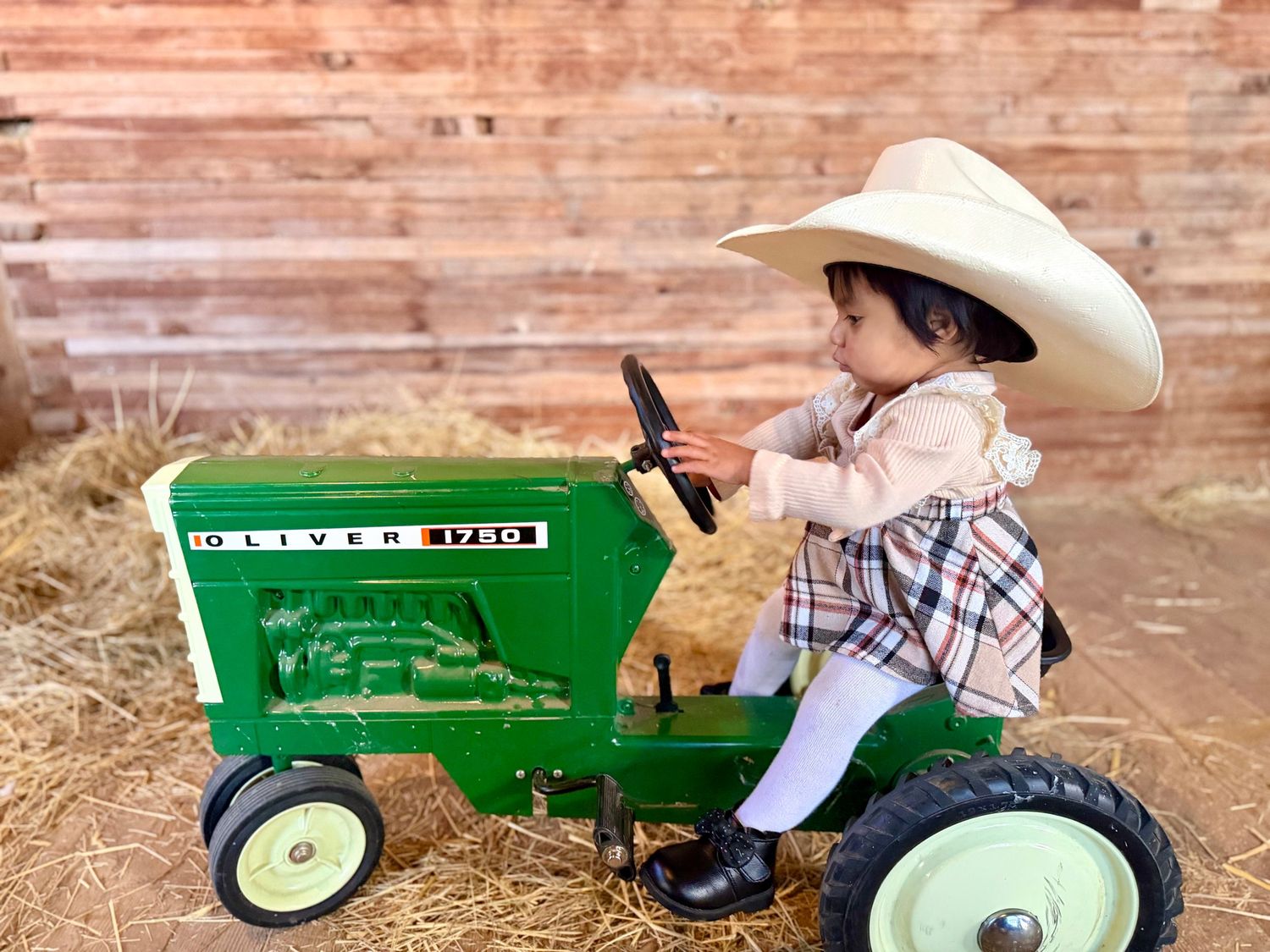 Adorable toddler in a cowboy hat and plaid dress riding a green Oliver 1750 pedal tractor on hay.