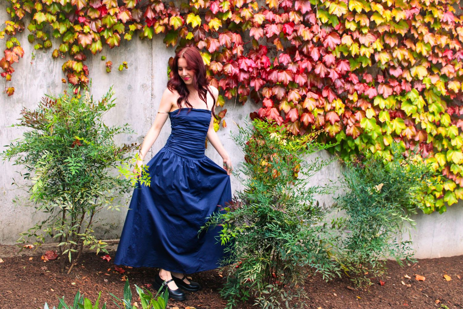 Young woman in elegant navy blue ball gown poses before colorful autumn ivy covered wall.