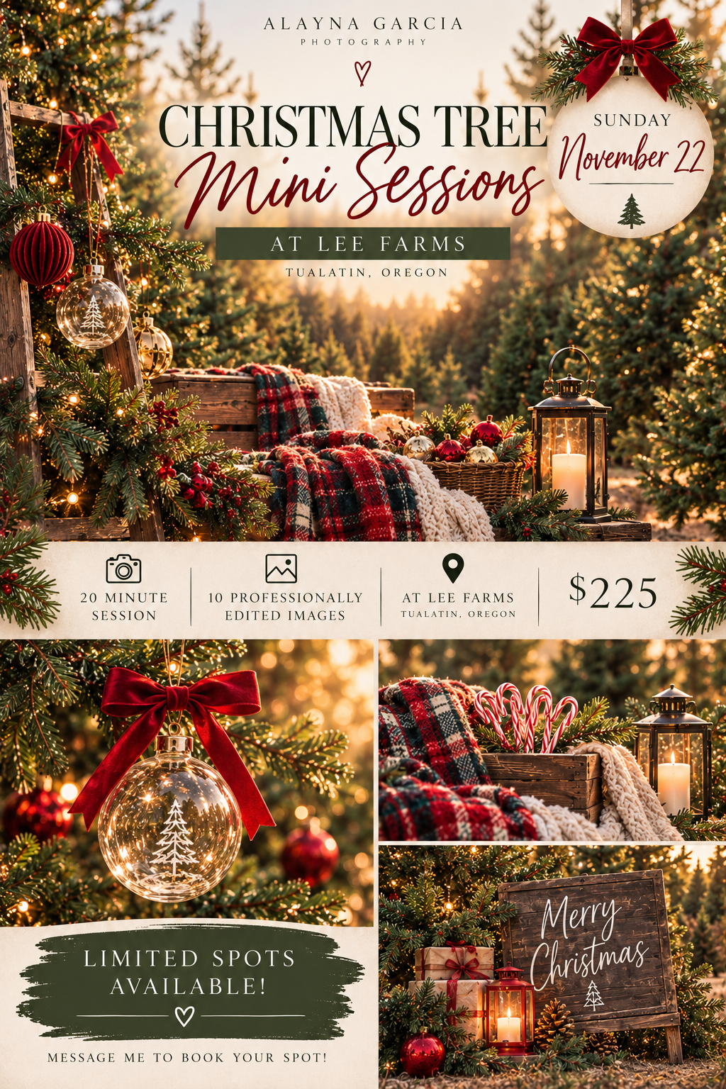 Christmas tree mini photo sessions at Lee Farms in Tualatin Oregon on November 22 for $225 by Alayna Garcia Photography.