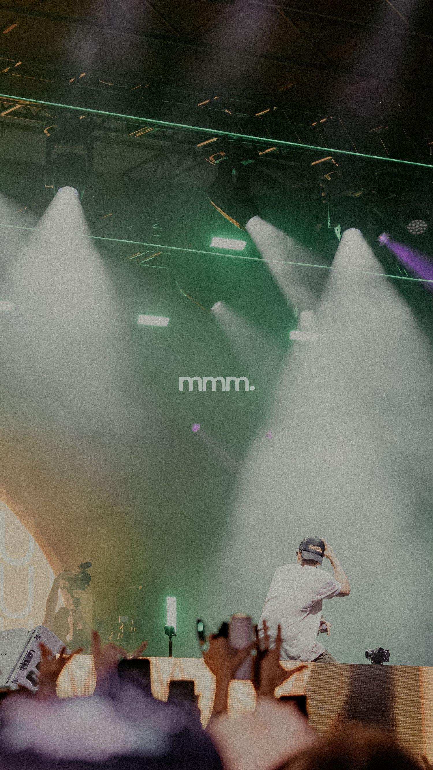 DJ performing on stage with dramatic green spotlights and fog at a live music concert event.