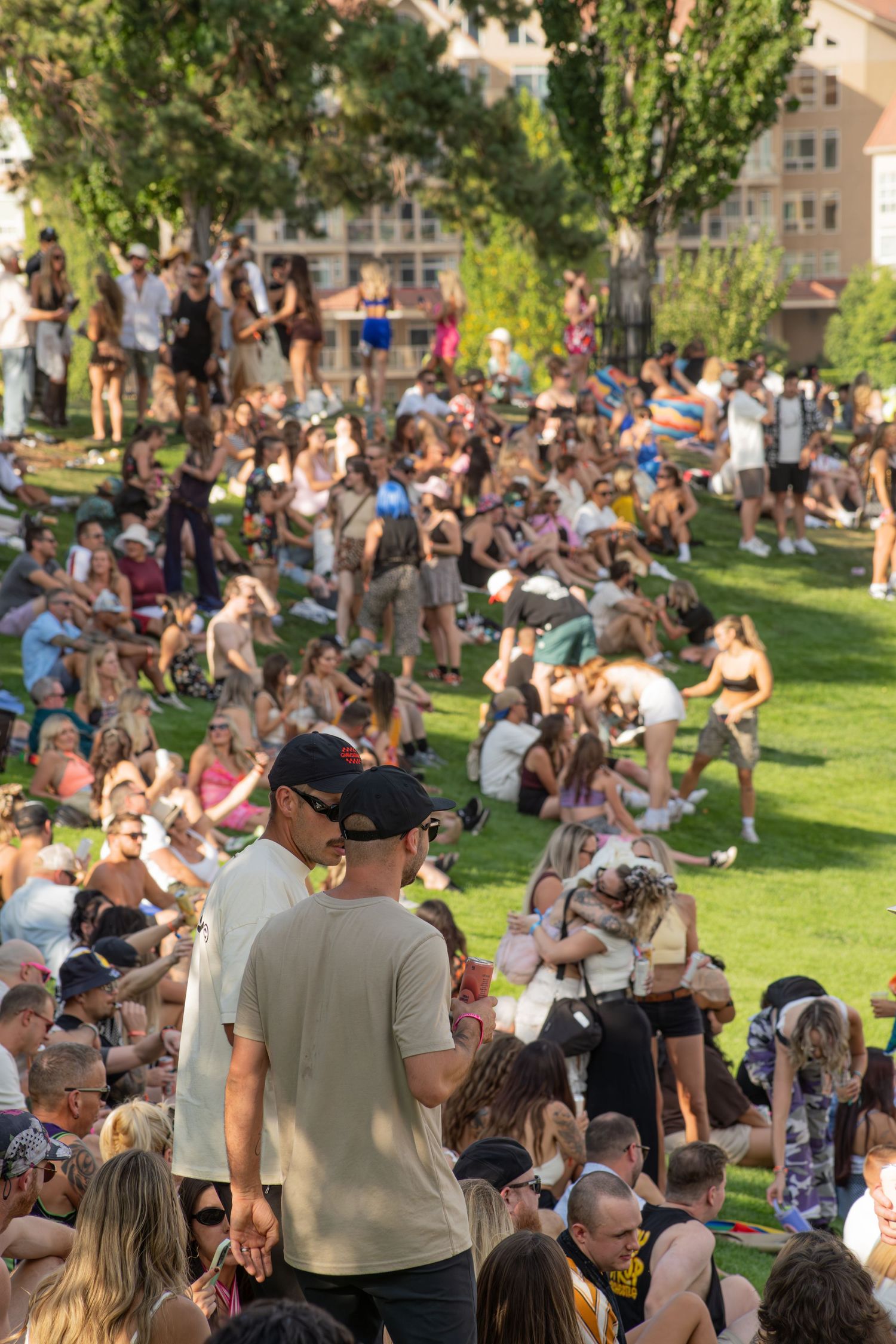 Large crowd of festival goers sitting and standing on a sunny green lawn at an outdoor event.