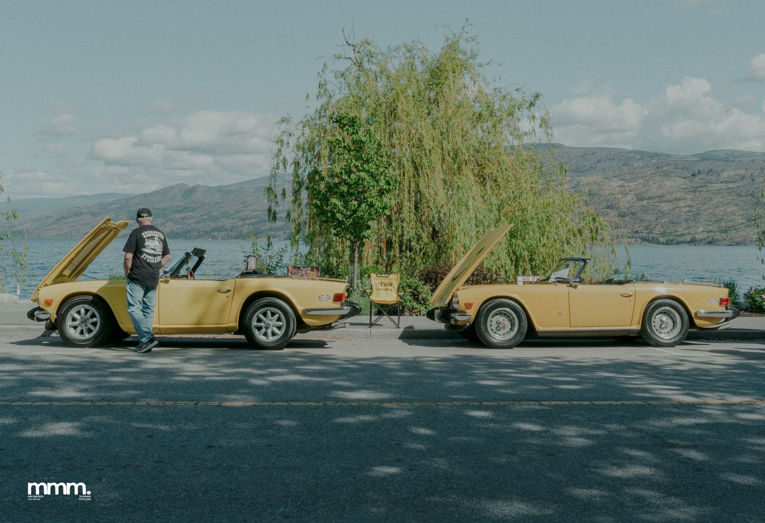 Two matching yellow vintage convertible sports cars parked by a lakeside with willow tree.