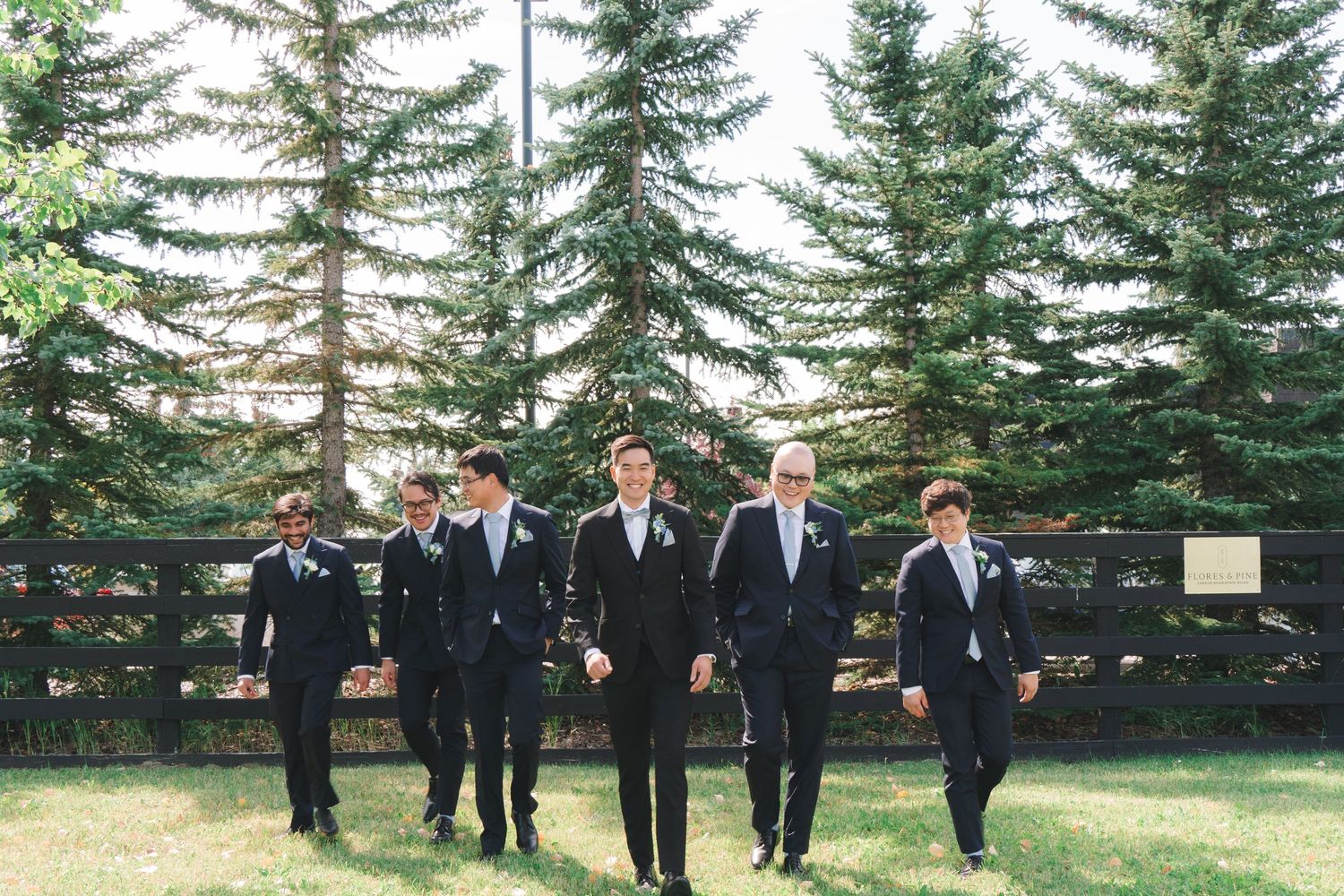 Groom and groomsmen walk confidently in matching black suits on green lawn near pine trees.