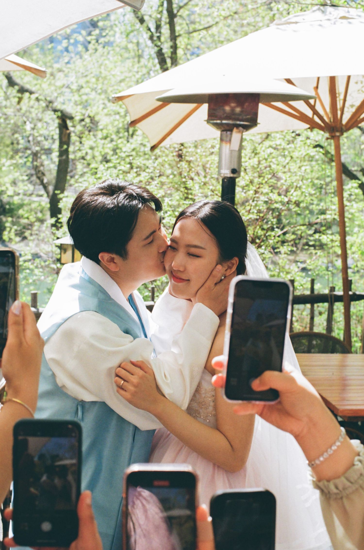 Wedding guests photographing couple sharing a romantic kiss outdoors at a sunny garden reception.