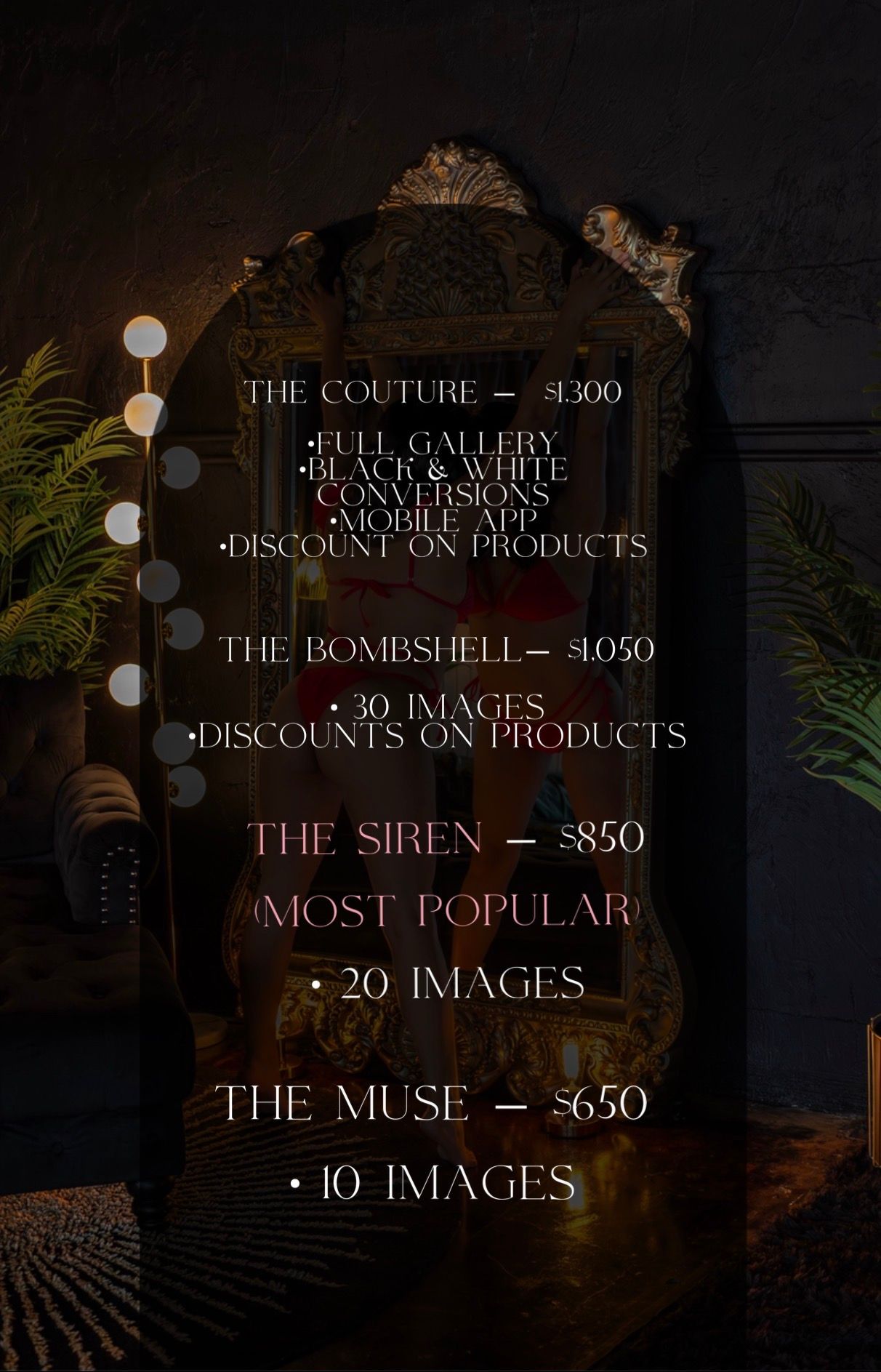 Photography pricing menu showing four packages: The Couture $1300, Bombshell $1050, Siren $850, and Muse $650.