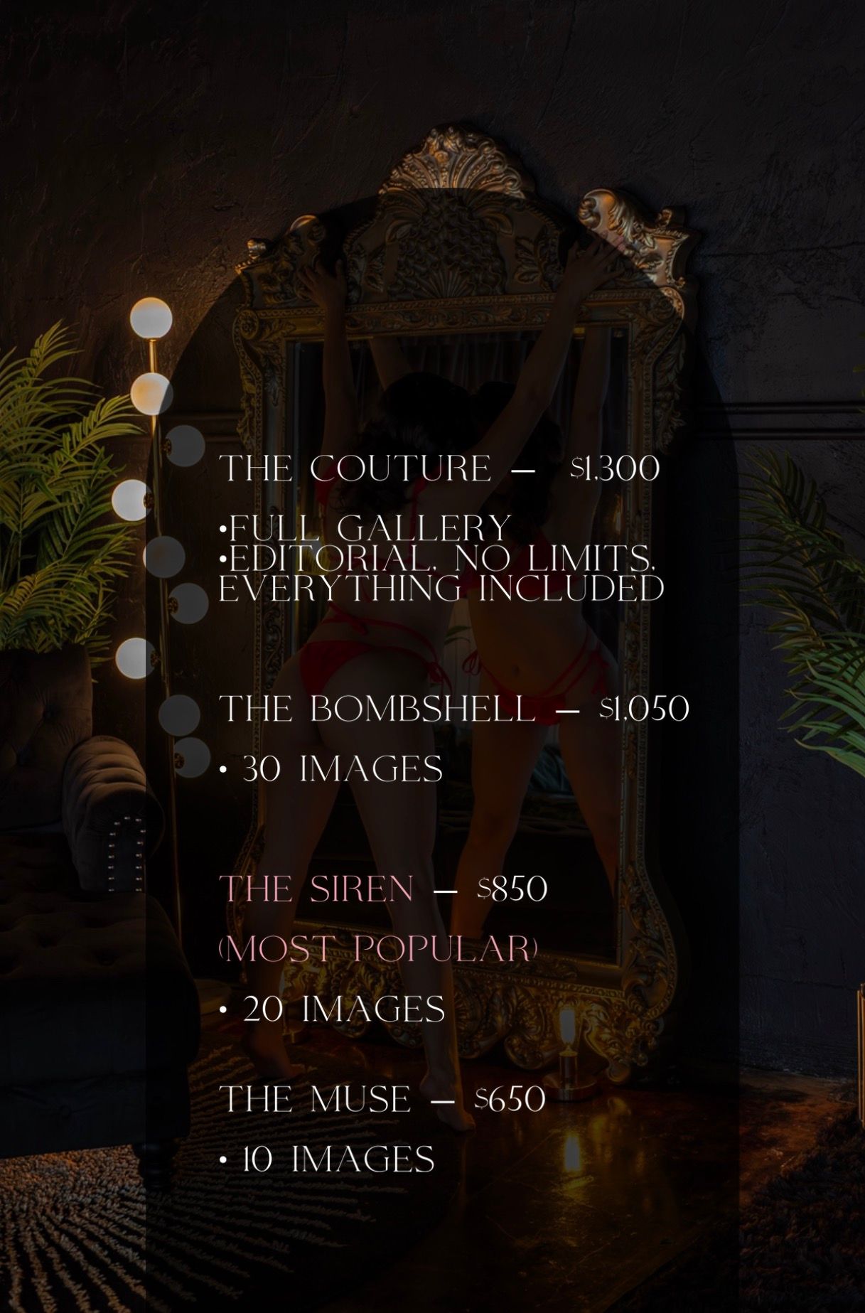Elegant dark photography studio pricing menu showing four packages: The Couture $1300, Bombshell $1050, Siren $850, Muse $650.