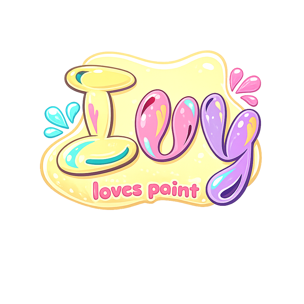 Colorful cartoon logo reading Ivy loves paint with pastel pink purple yellow letters paint splashes on white background.