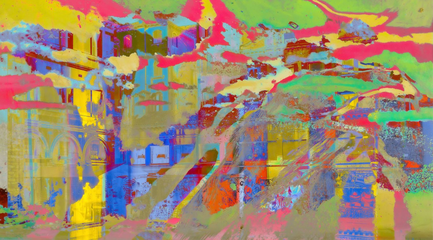 Colorful abstract digital painting featuring vivid pink, yellow, blue, and green layered textures.