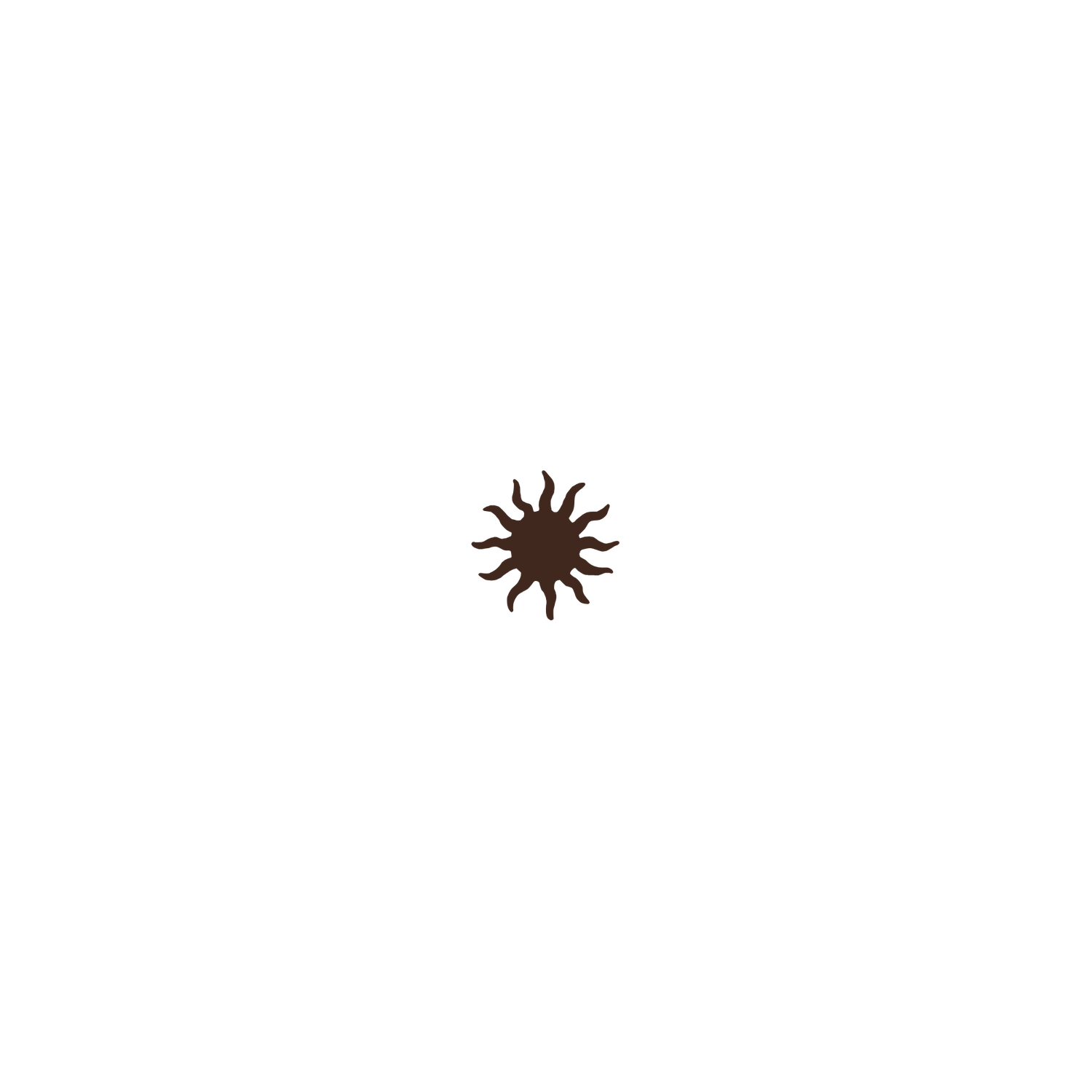Hand-drawn rustic sun illustration with wavy rays in dark brown ink style.