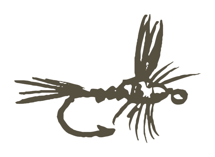 Detailed hand-drawn fly fishing lure illustration in olive green with hook and feather details.
