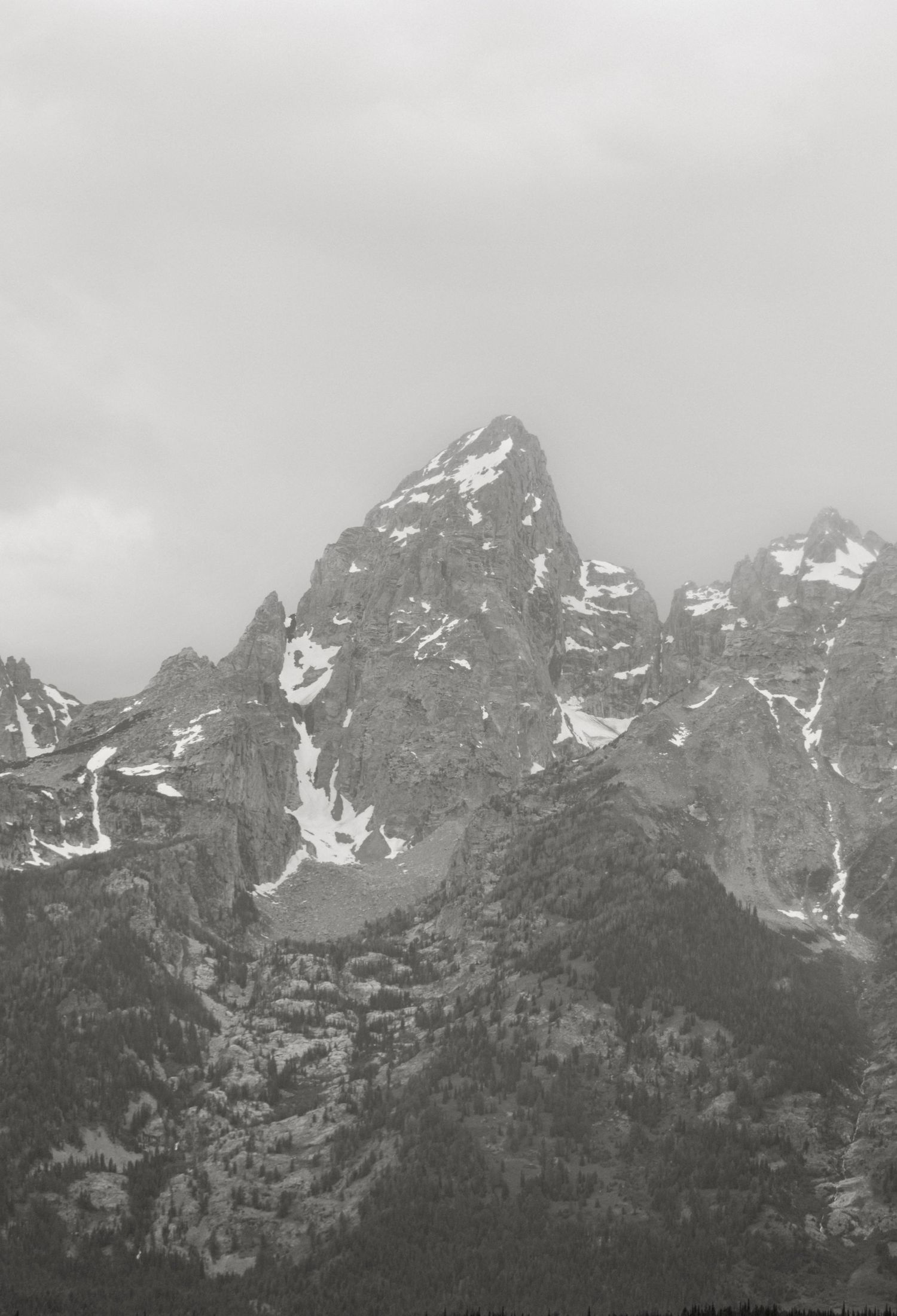 Black and white dramatic snow-dusted Grand Teton mountain peaks rising through misty overcast skies.