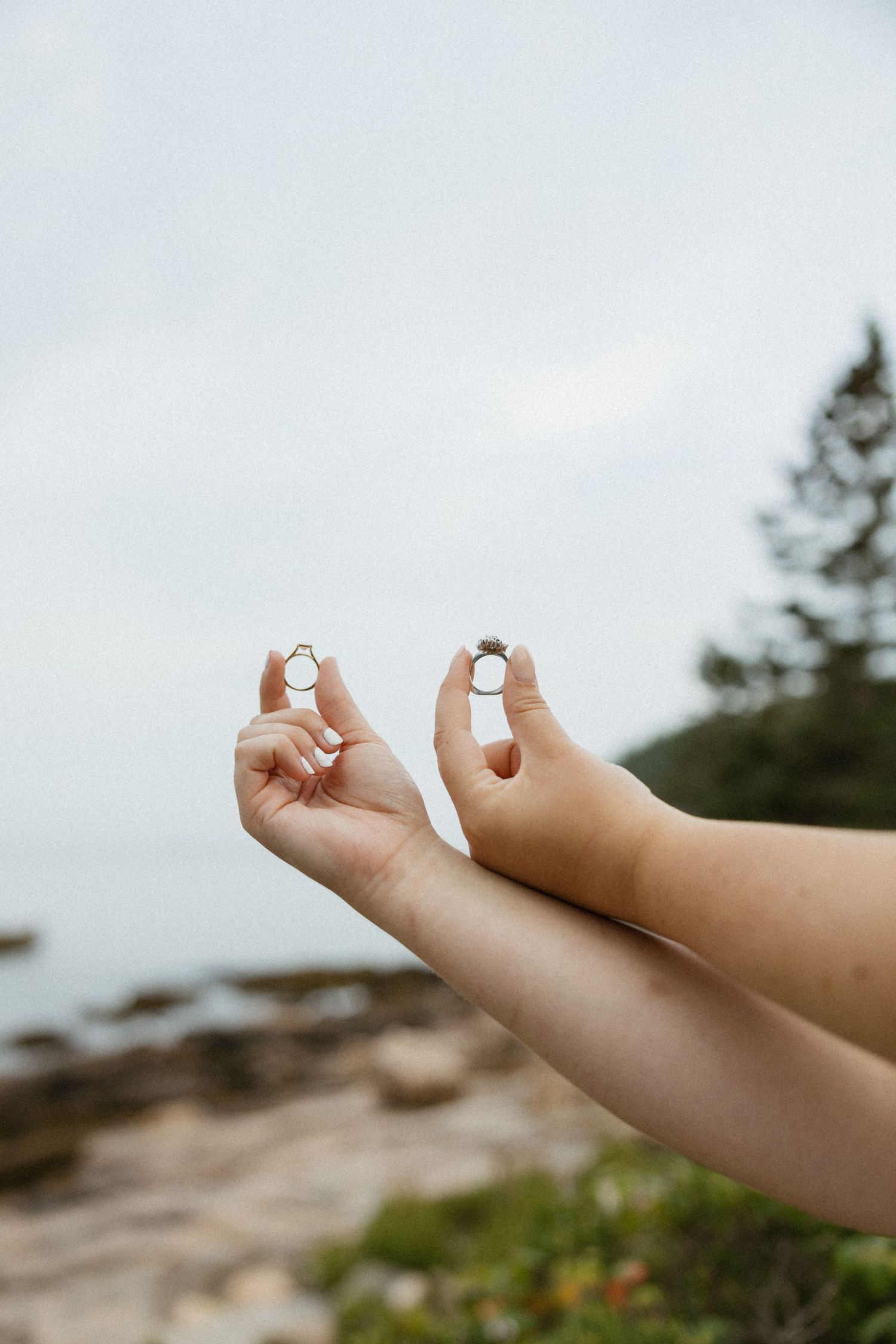 Two hands holding silver wedding rings up against a scenic coastal backdrop with rocks and trees.