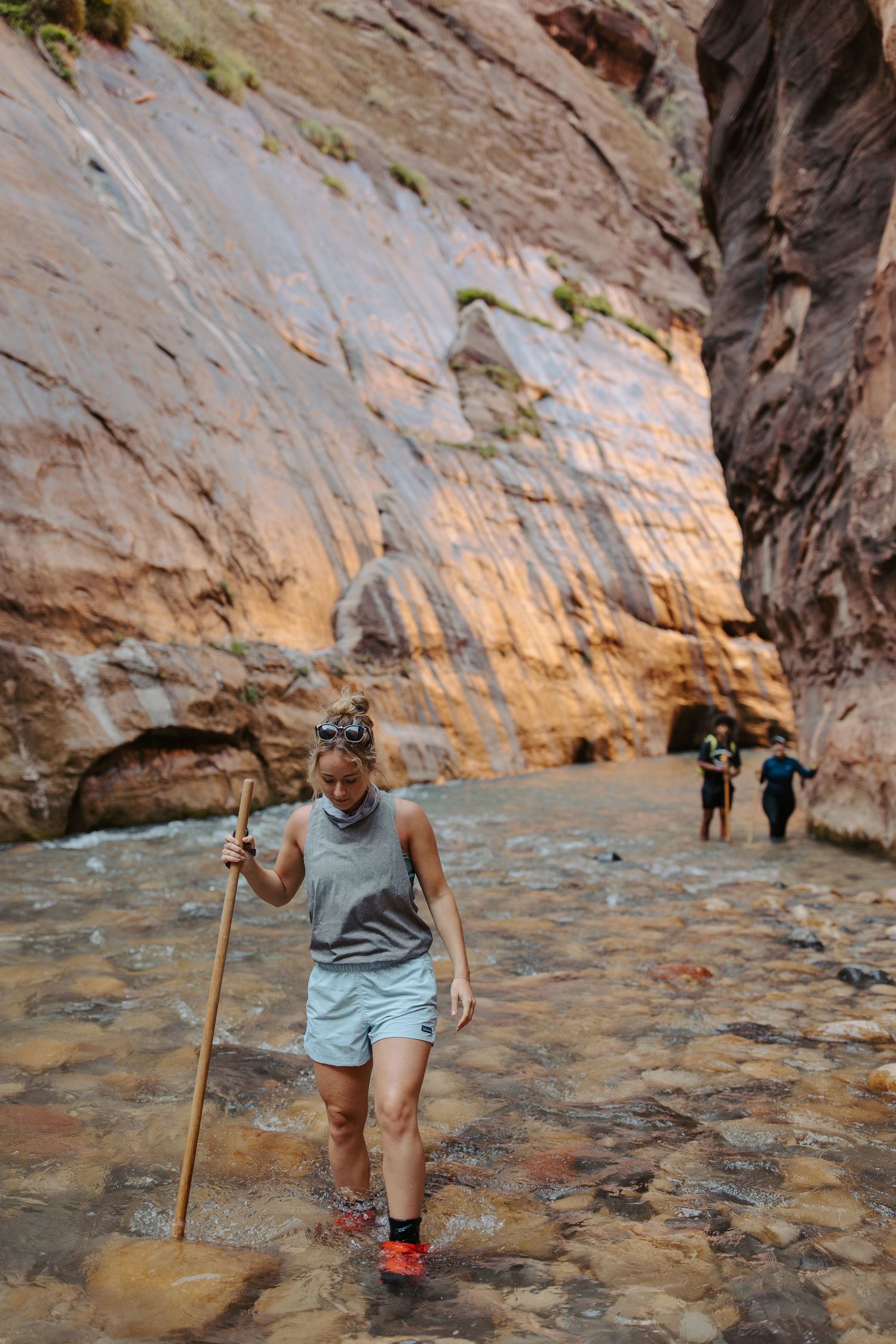 Woman wading through shallow water in Zion Narrows slot canyon using wooden walking stick.