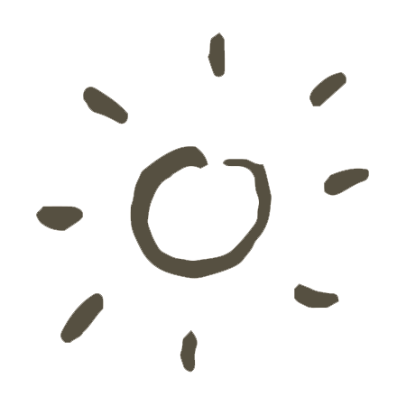 Hand-drawn sun illustration with a circular center and short radiating lines, sketched in earthy olive tones on white background.