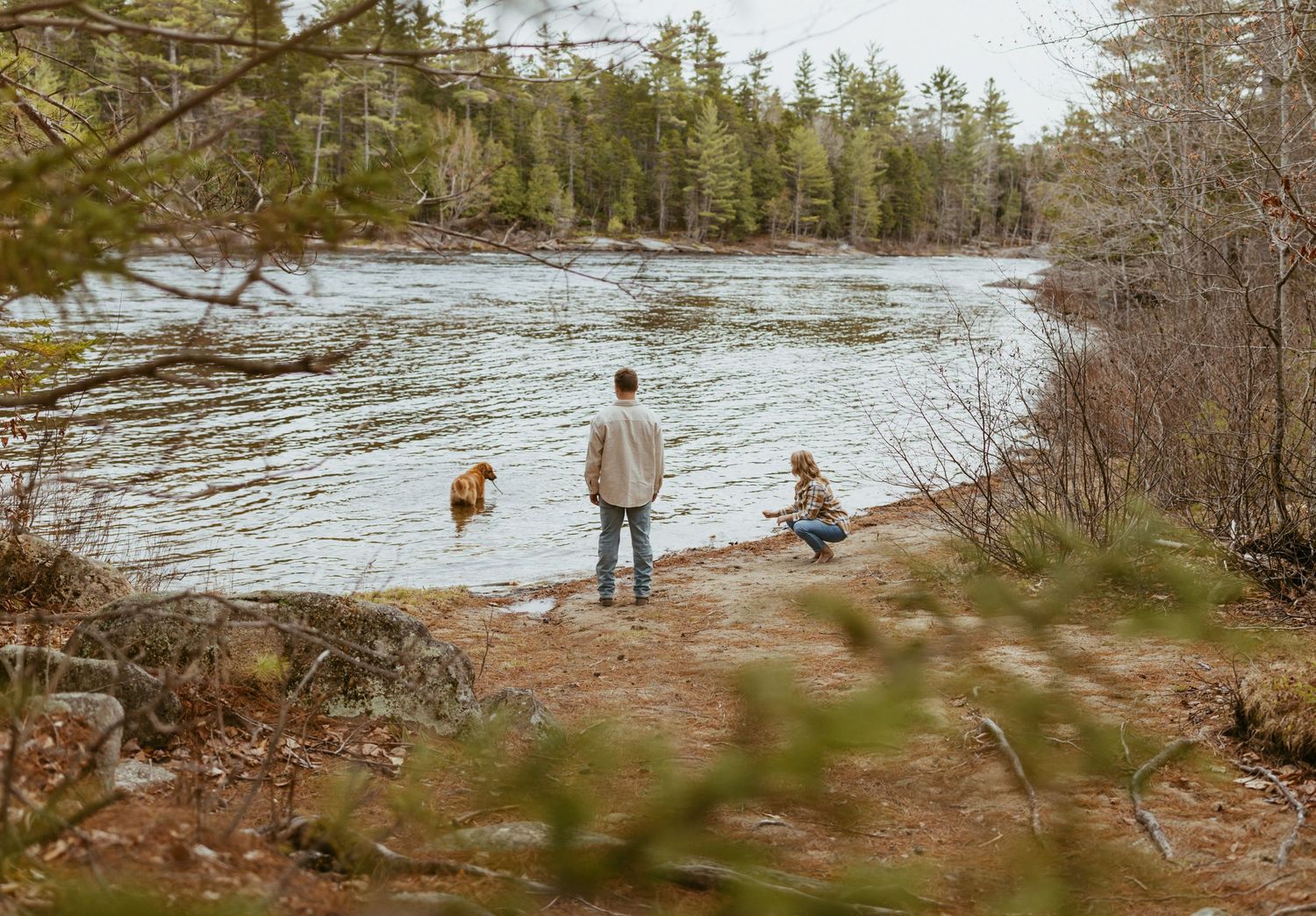 Couple and their golden retriever dog standing by a peaceful forest lake.