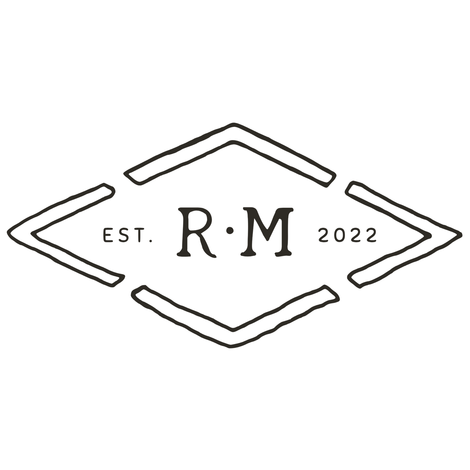 Diamond-shaped rustic logo design with EST. R·M 2022 inscription and decorative geometric frame elements.