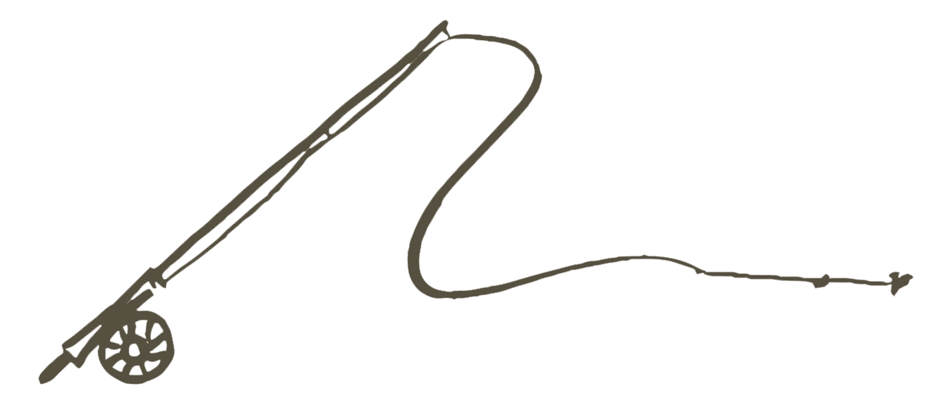 Minimalist fly fishing rod with reel and curved casting line drawn in olive green ink.