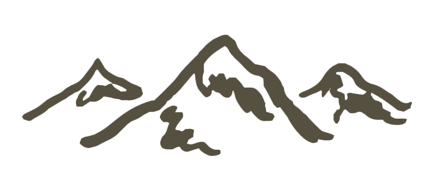 Simple hand-drawn mountain range illustration in olive brown, featuring three peaks with sketchy artistic style.