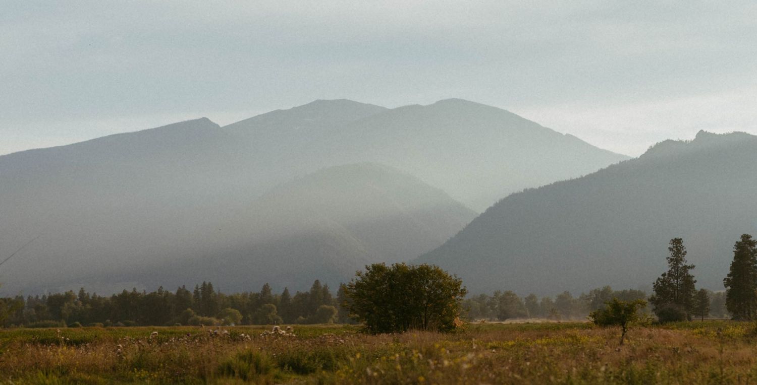 Misty Montana mountain landscape with fog rolling over peaks above a green meadow valley.