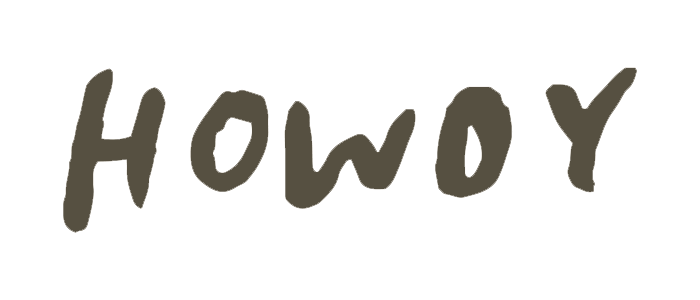 Hand-lettered text reading HOWDY in rustic olive green brush lettering style.