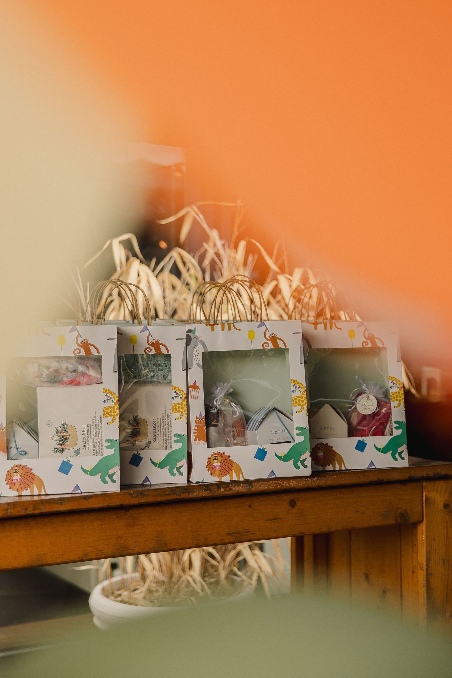 Dinosaur-themed party favor boxes with clear windows sit on a rustic wooden table in front of dried pampas grass and an orange backdrop.