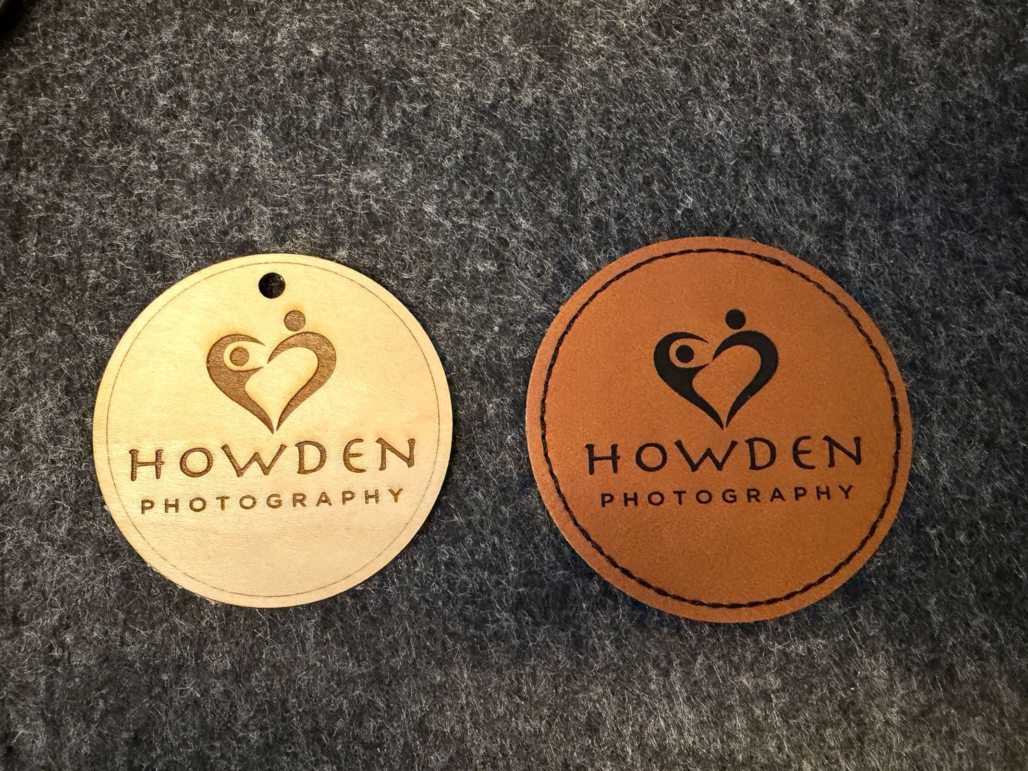 Six variations of an oval-shaped photography business logo design in gold and brown colors against textured backgrounds.