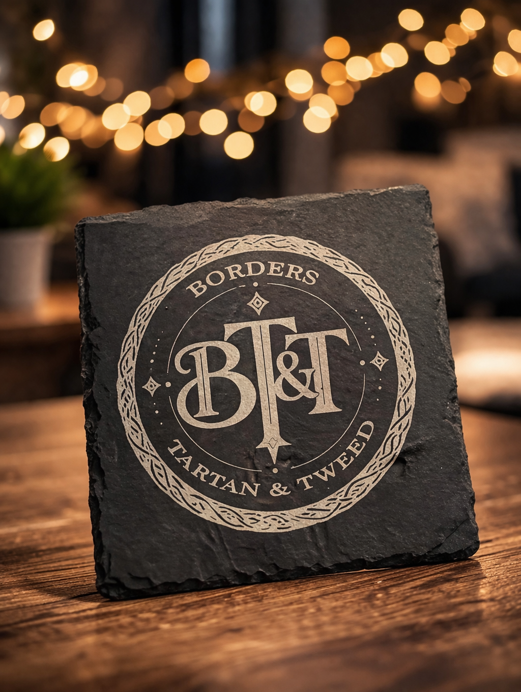 Black slate coaster with Borders Tartan & Tweed logo illuminated by bokeh lights on wooden surface.