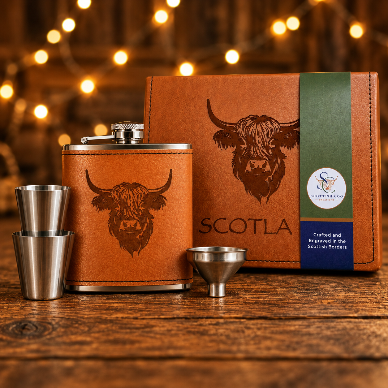 Tan leather hip flask with embossed Highland cow, two steel cups and funnel beside a matching Scotland gift box on a rustic table.