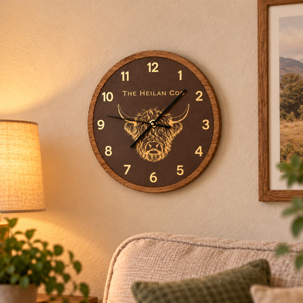 Round wooden wall clock with a gold Highland cow design and The Heilan Coo text, hanging in a cozy living room near a sofa and lamp.