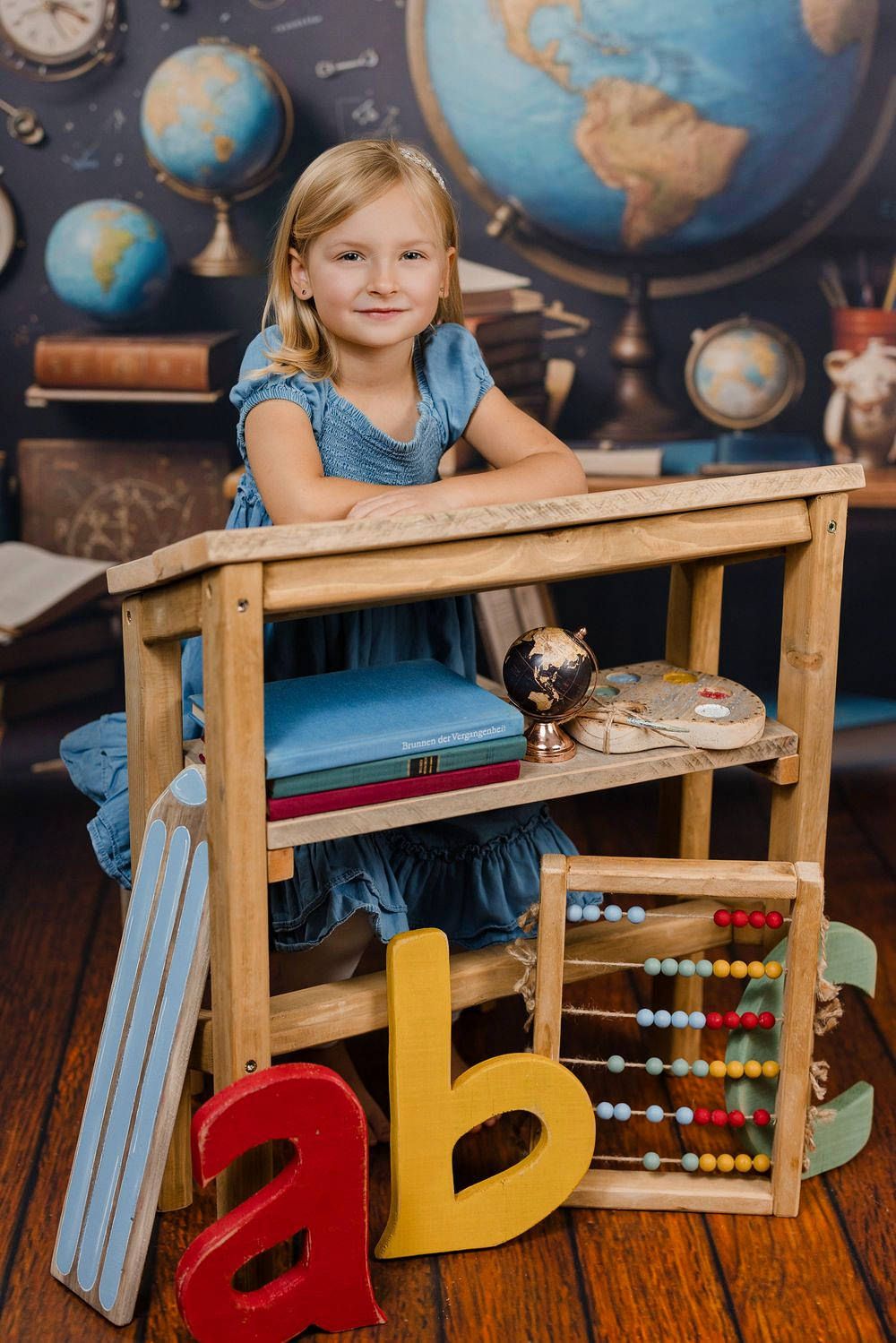 Einschulungsfoto Mädchen im Set, Kindergartenfotografie Augsburg, Ulm, München, Allgäu