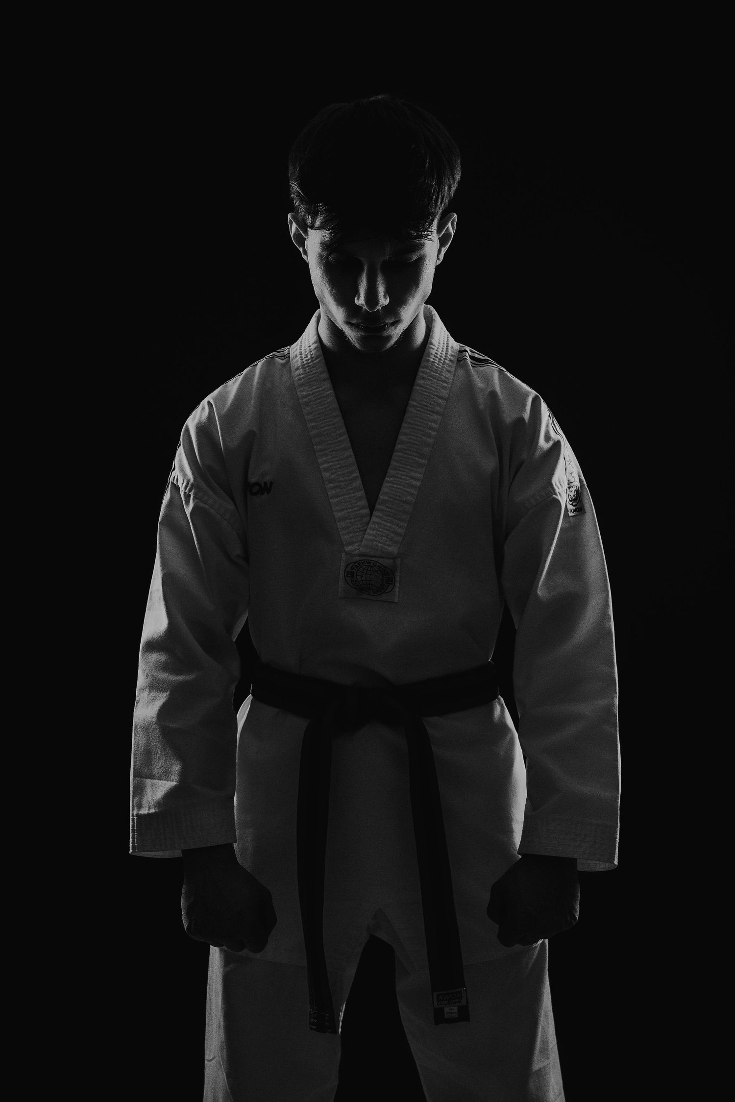 Dramatic black and white series of silhouettes showing a martial artist in traditional white uniform against dark background.