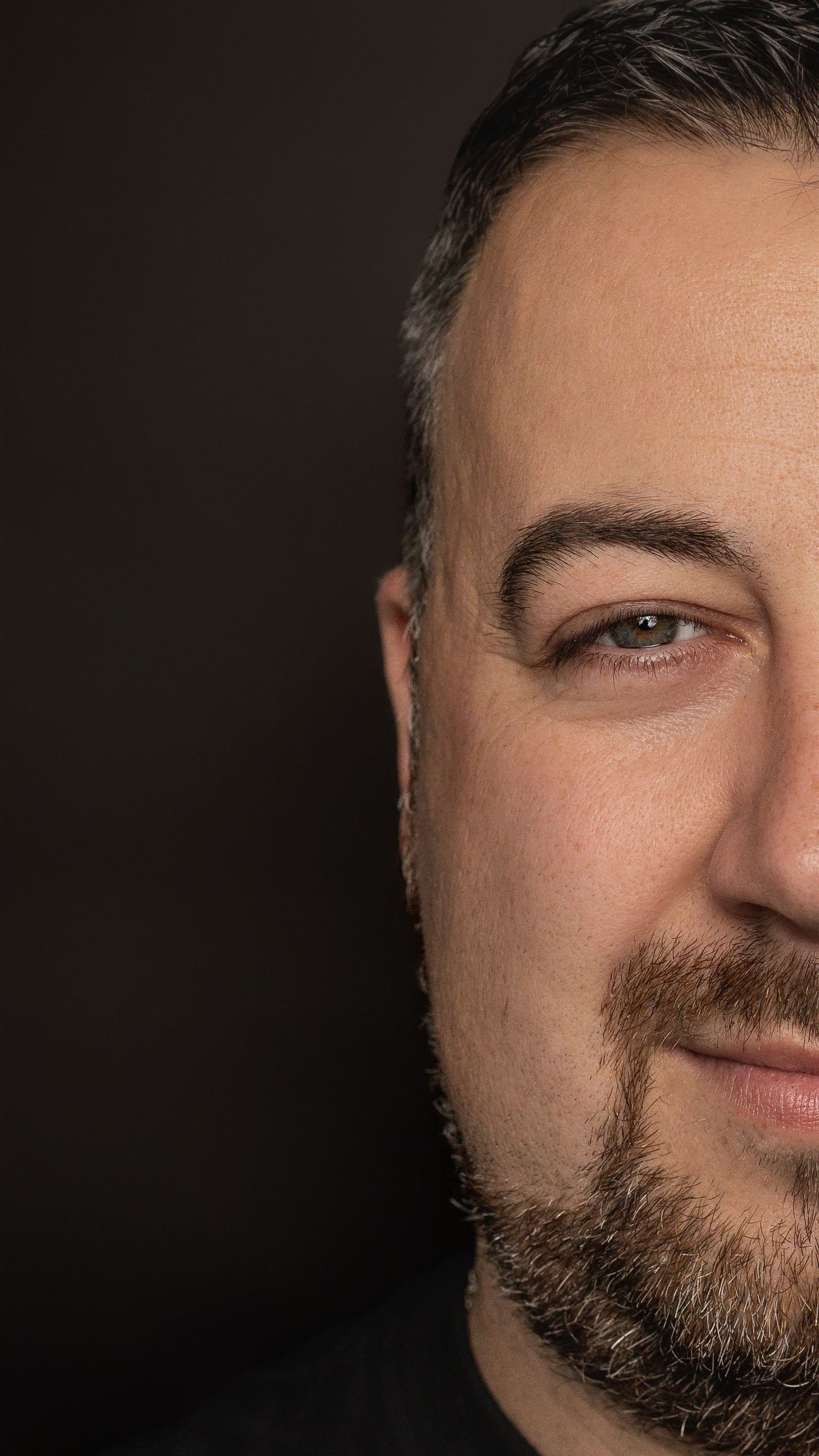 A series of cropped portrait photos showing parts of a bearded face against a dark background.
