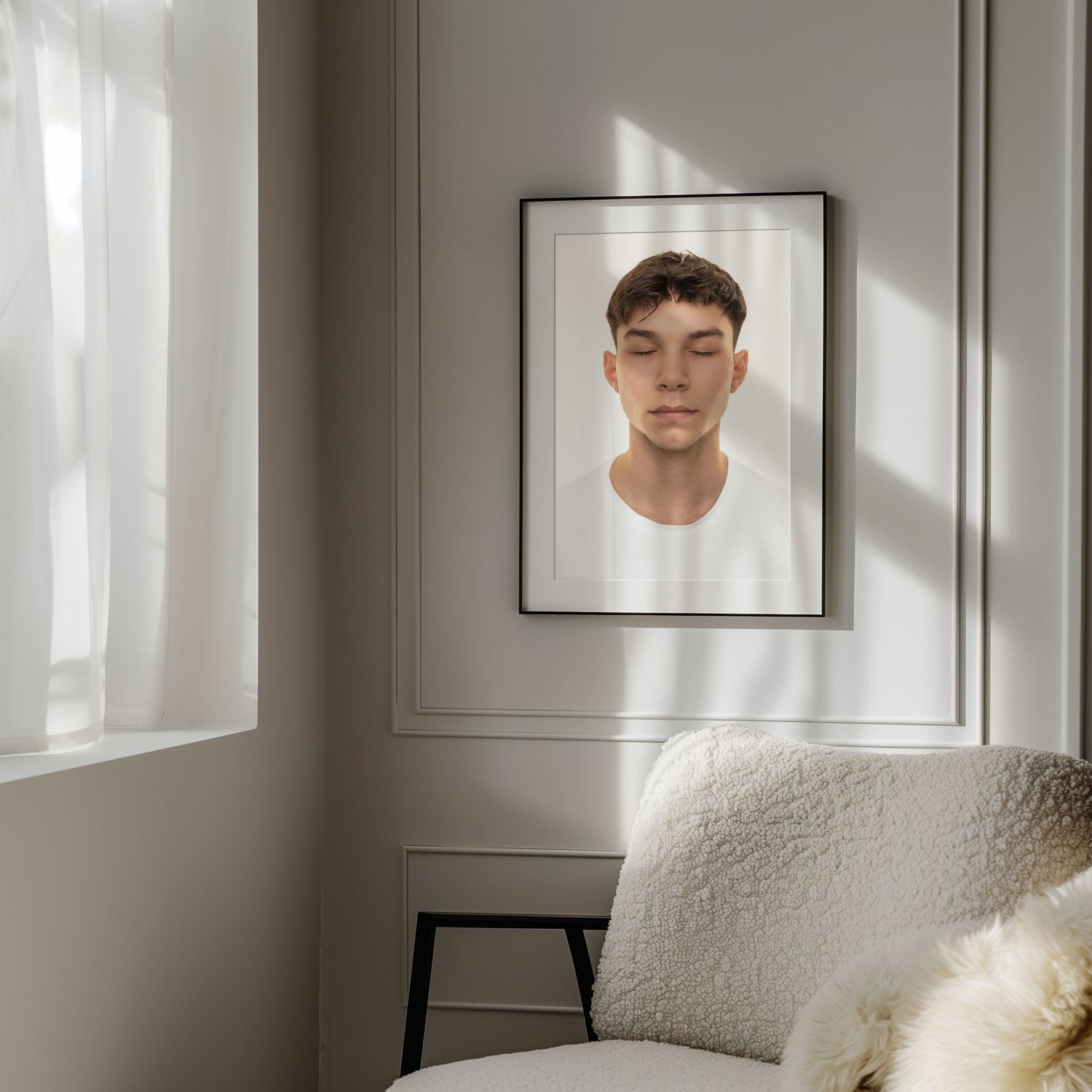 A person in a cozy white bedroom interior with natural lighting and minimalist decor.