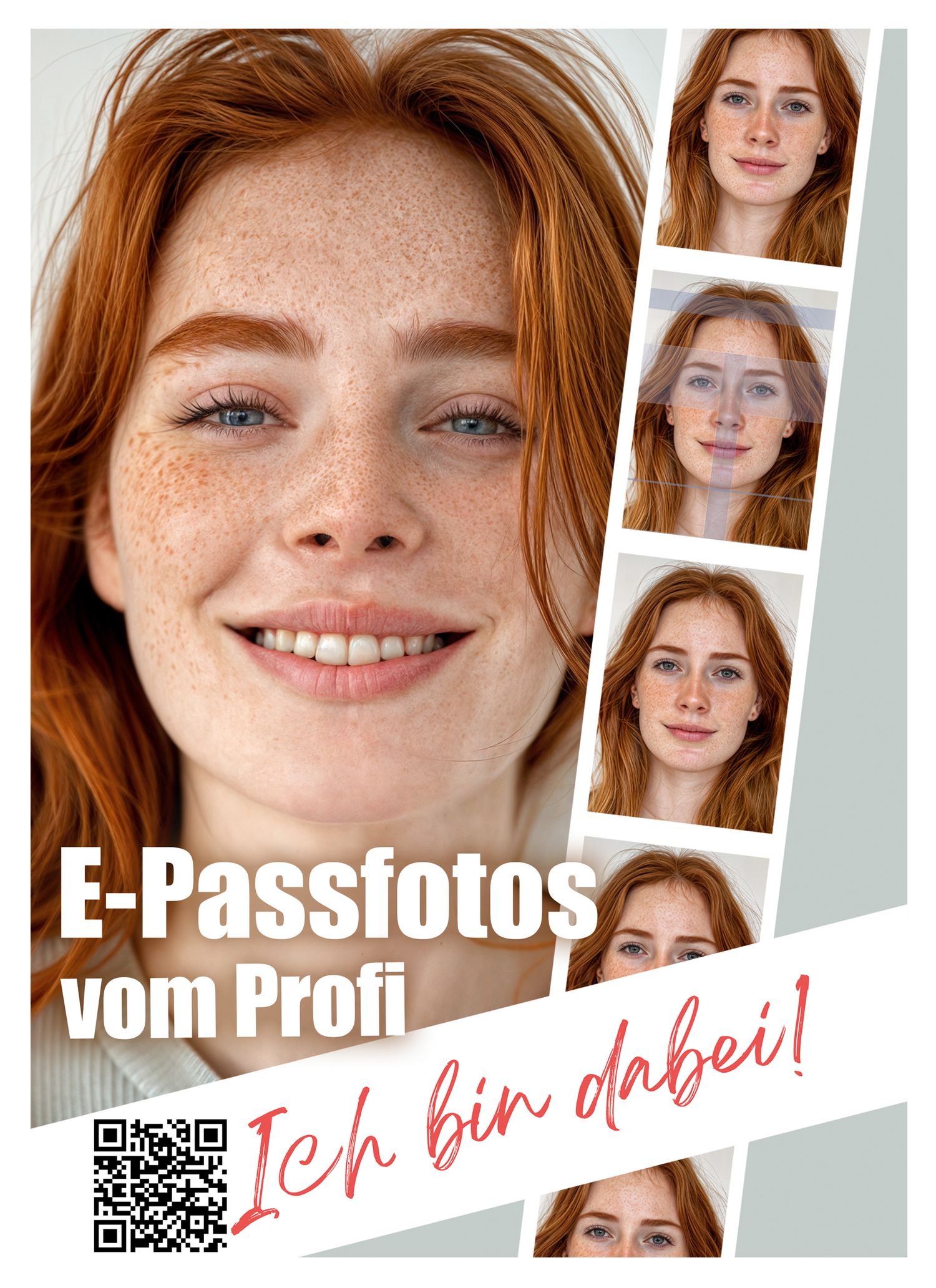 Professional headshot portraits showing a person with red hair in various poses against a white background.