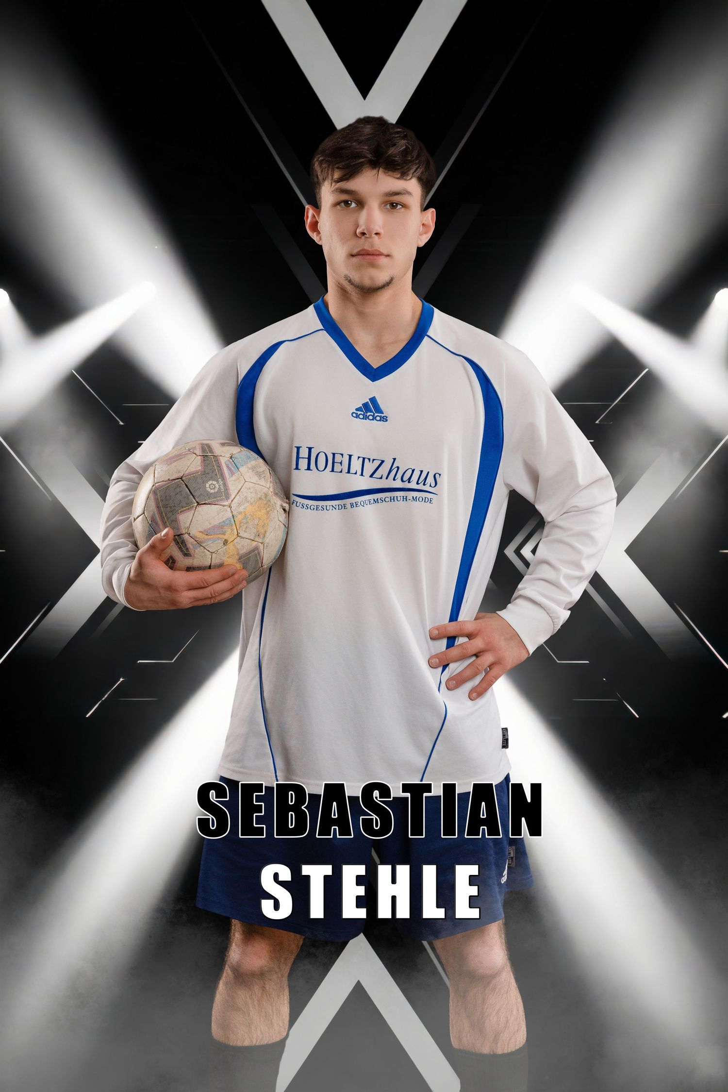 Athletes in white and blue uniforms pose for sports team photo portraits against a black and white X-pattern background.