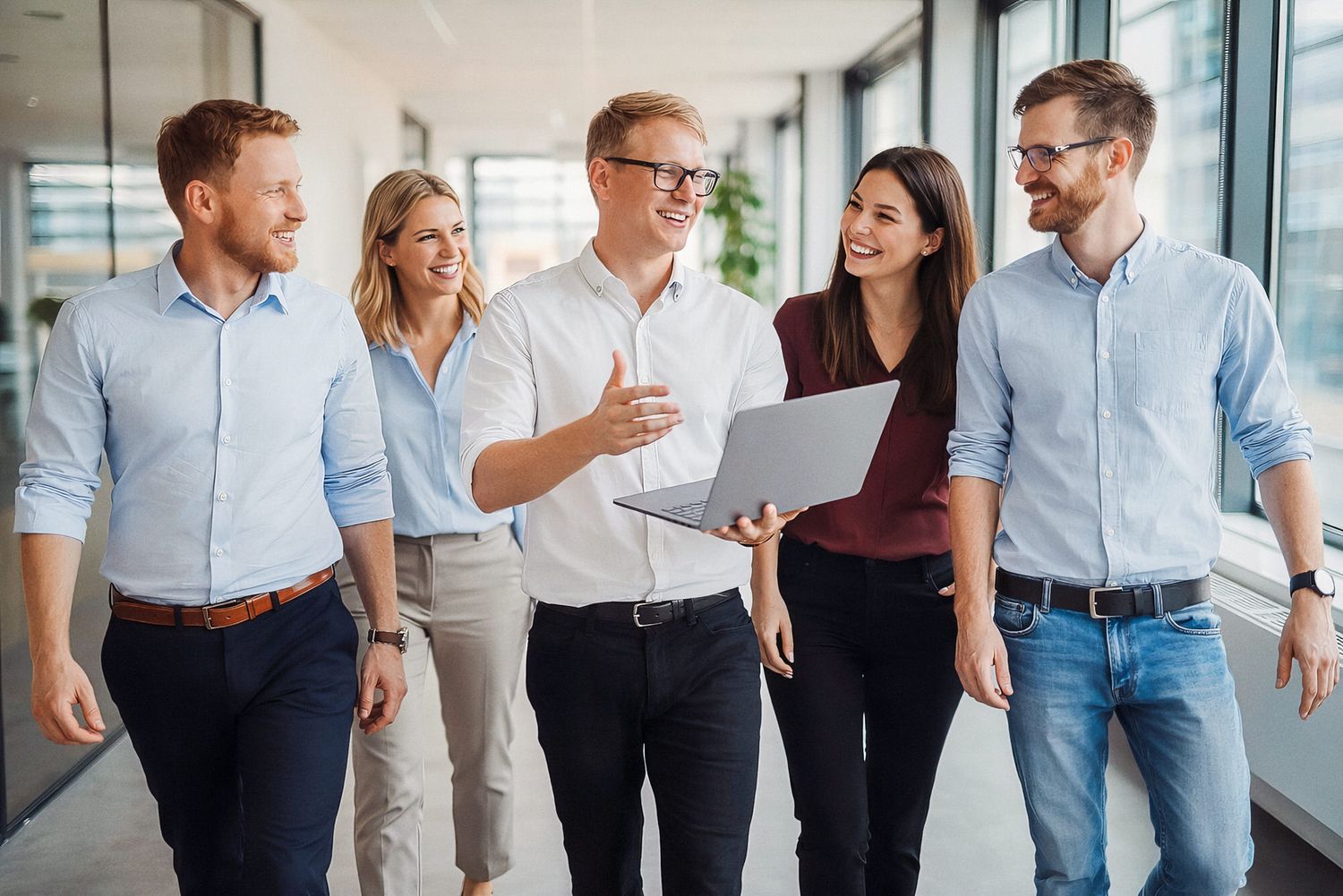 Business professionals walking and talking together in a modern office hallway during a casual meeting.