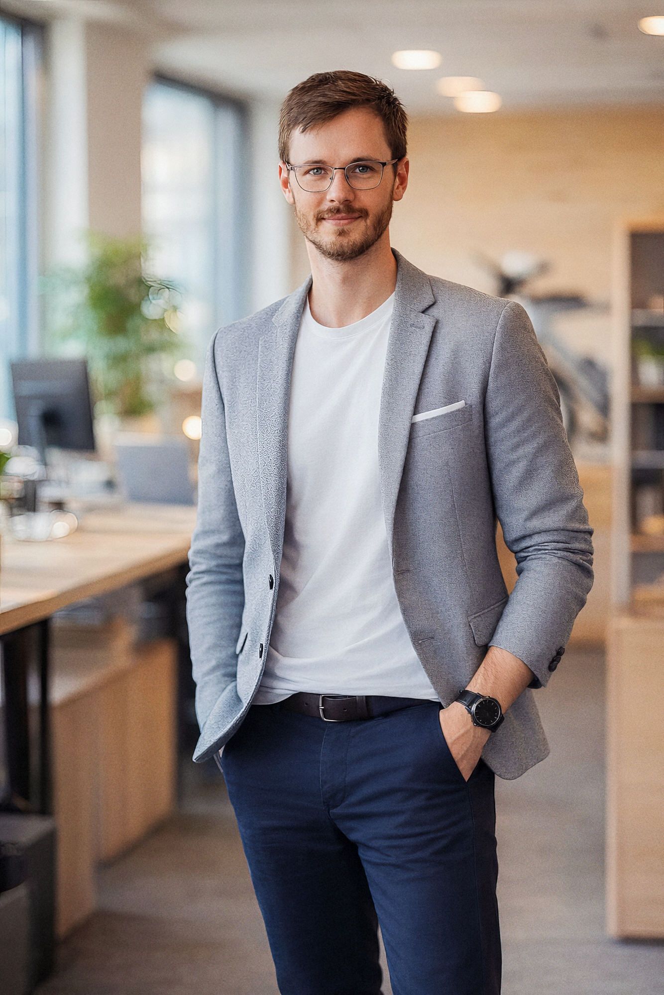 Professional in gray blazer and white shirt stands confidently in modern bright office space.
