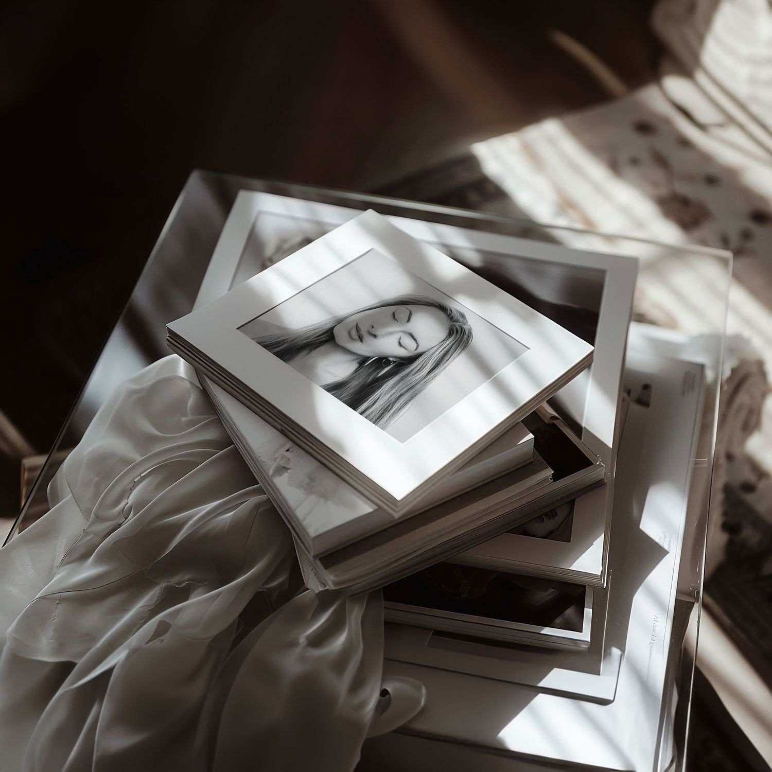 A collection of vintage black and white photographs scattered across a light surface in dramatic lighting.