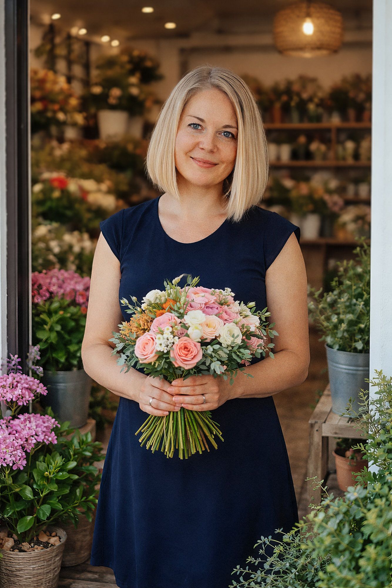 A florist in a navy dress holds a beautiful bouquet of pink and white flowers in front of a flower shop display.