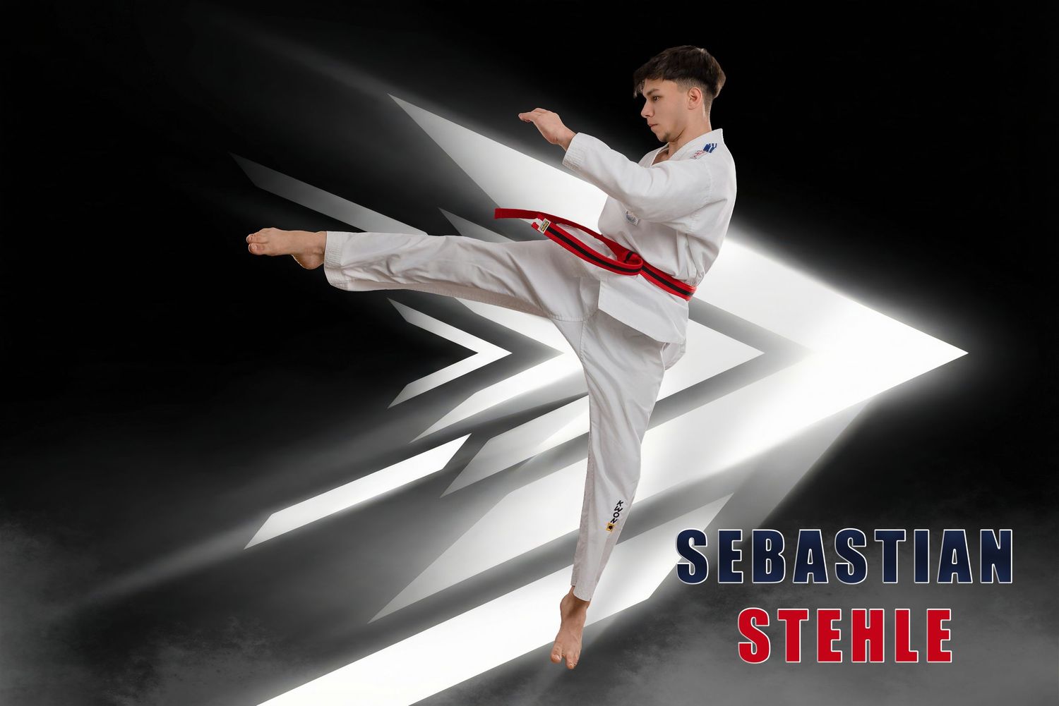 A martial artist performs a high kick in a white uniform against a dramatic black and white geometric background.