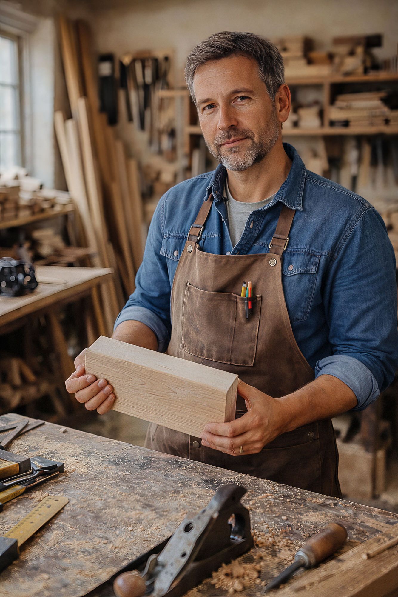 Craftsman in denim shirt and brown apron examines wood piece at workbench in sunlit workshop with tools.