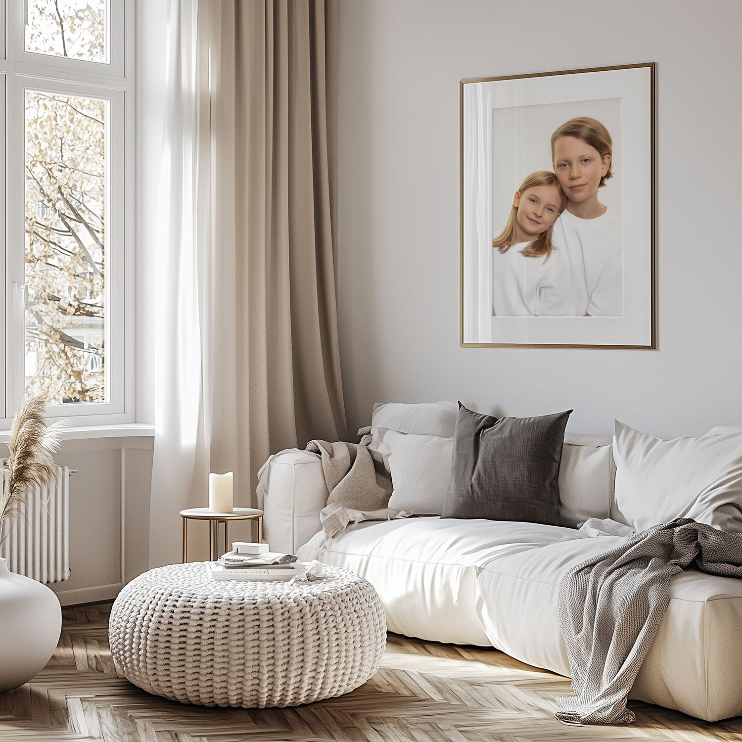 Modern minimalist bedroom interior with gray walls, knit pouf and cozy seating area in natural daylight.